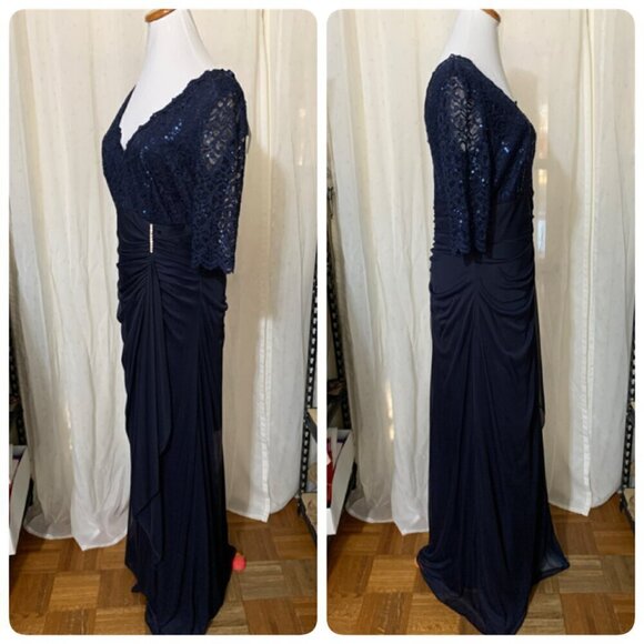 Betsy & Adam Women's Long 3/4 Sleeve V-Neck Lace Sheer Matte Jersey Gown 12 Navy - Picture 3 of 10